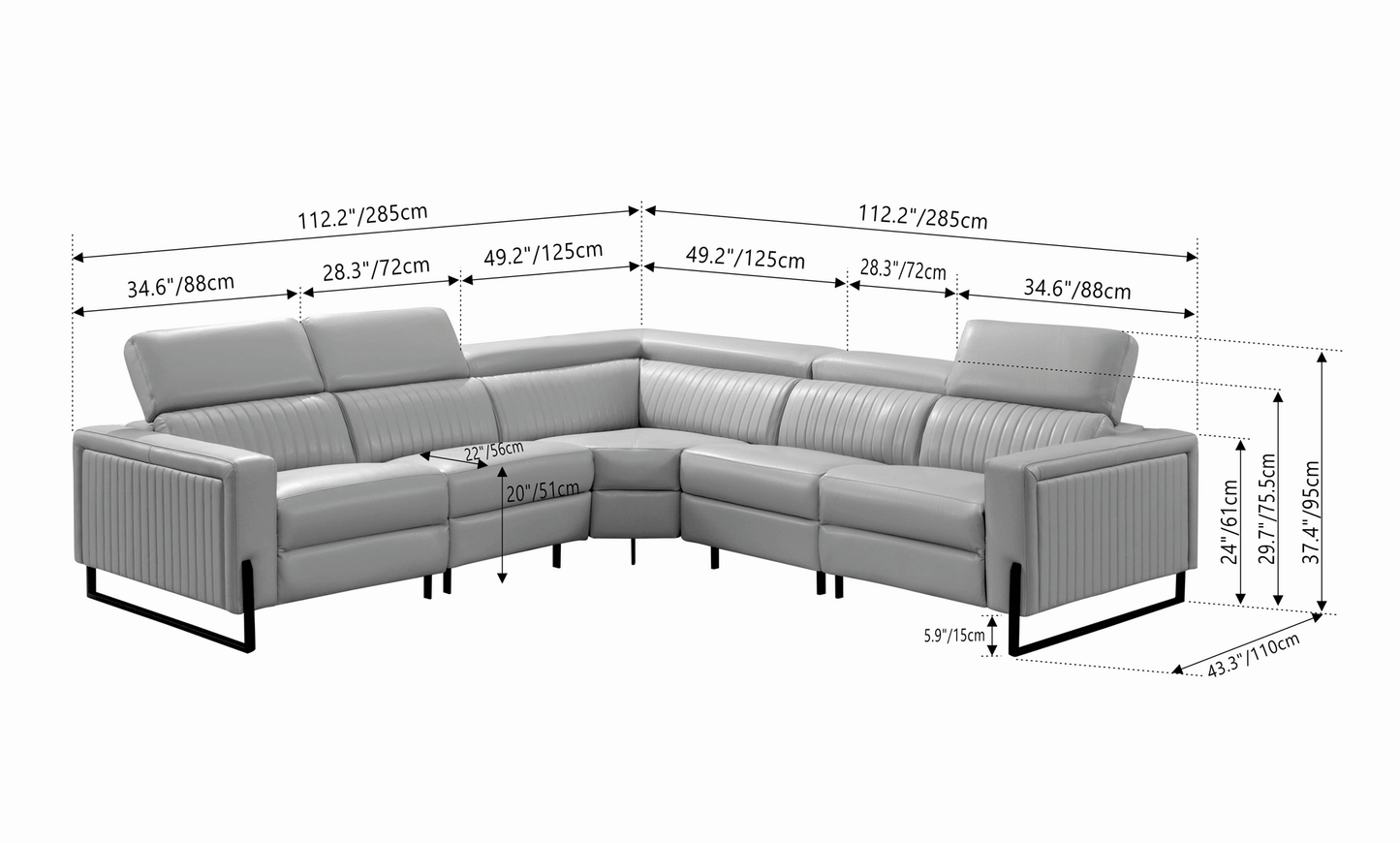 Havana ESF 2787 Top Grain Leather Gray Sectional