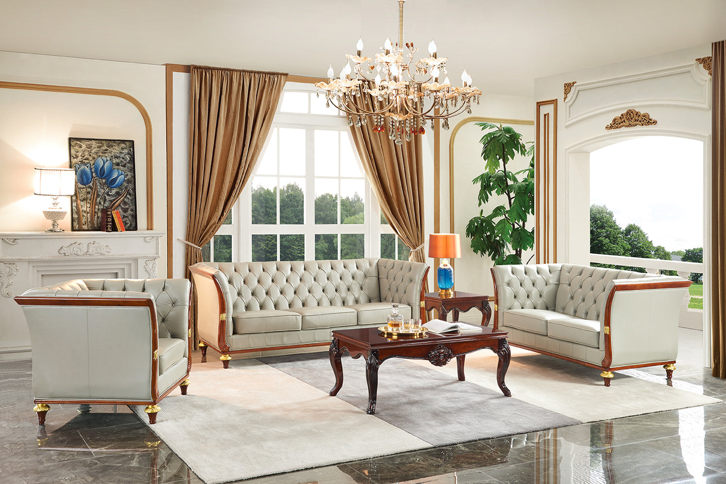 ESF 401 Top Grain Gray Leather Sofa