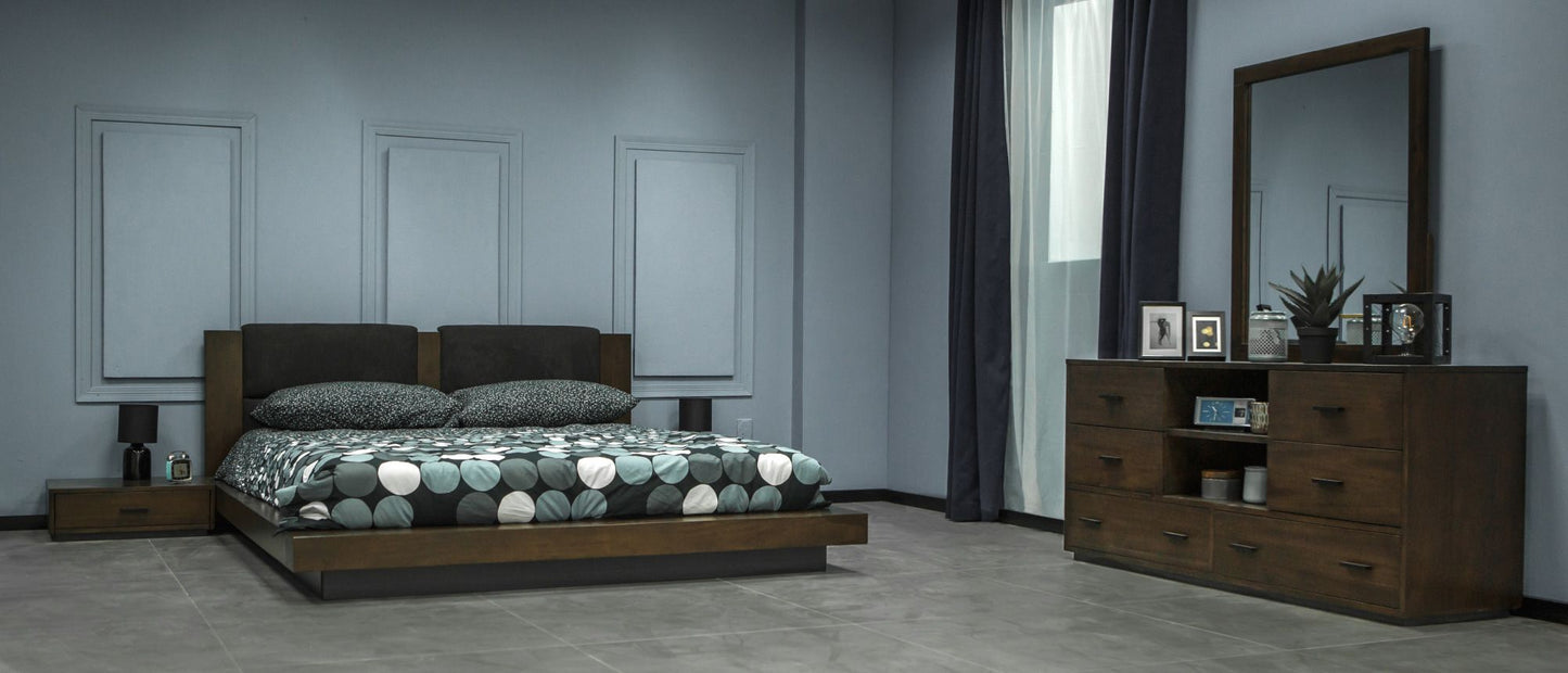 Nova Domus Fantasia - Dark Walnut/Dark Grey Bed & Two Nightstands