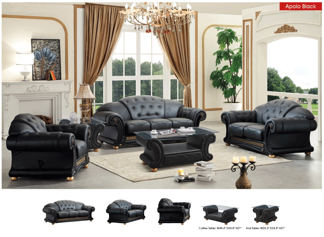 Apolo Top Grain Black or Ivory Leather Sofa Set