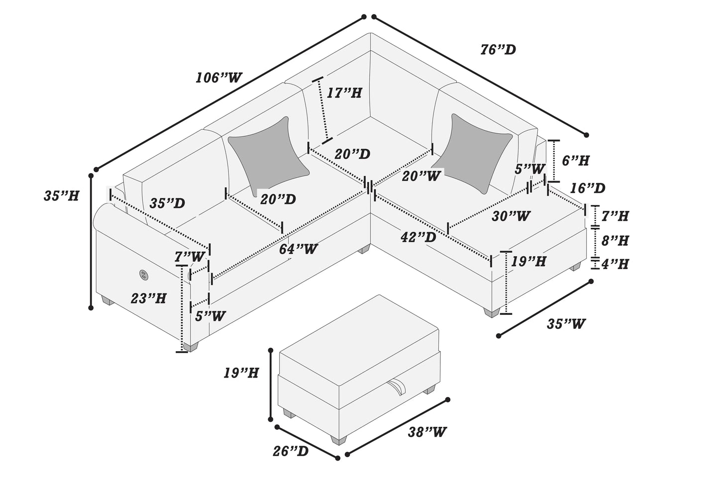 F8300 Black Corduroy 3 Pc Sectional