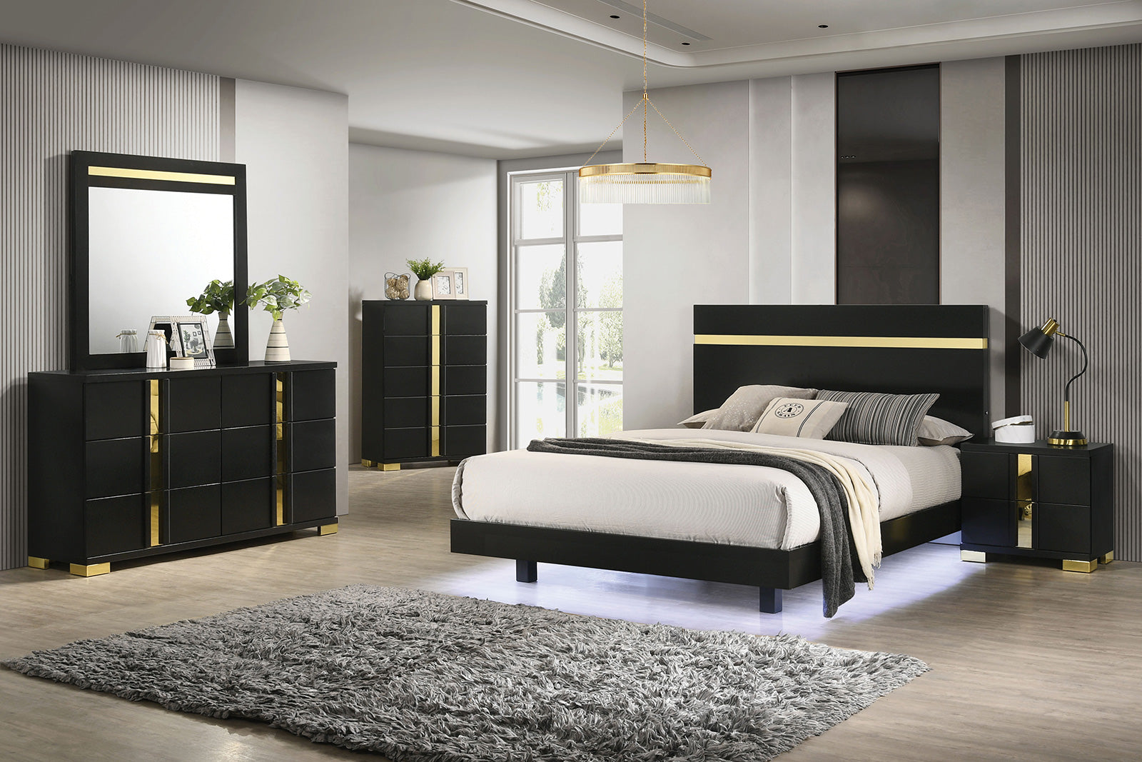 Furniture of America Lillestrom Black/Gold Queen 4 Piece Bedroom Set