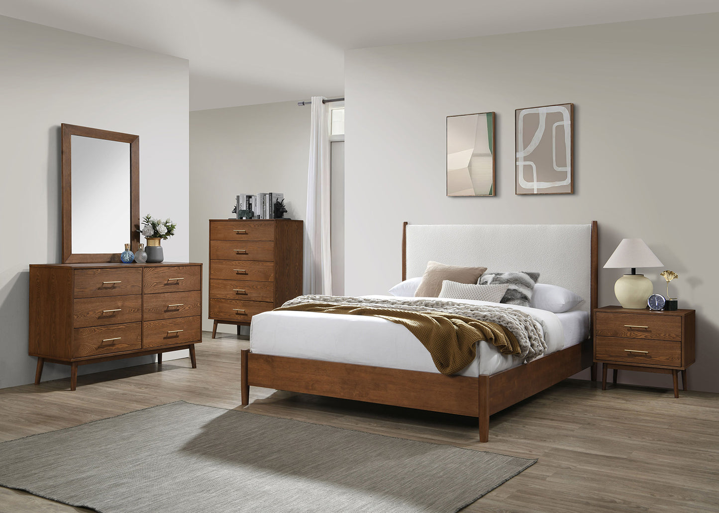 Thusis Walnut Beige Boucle Bedroom Set