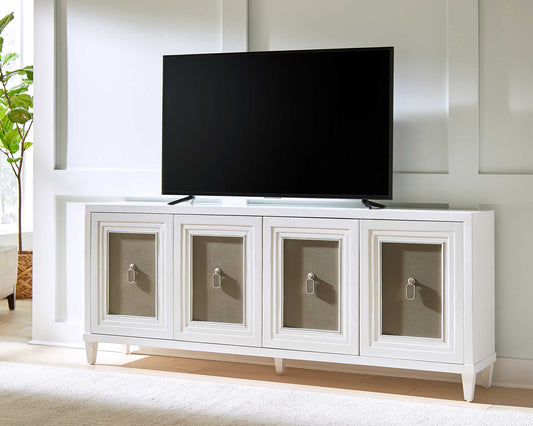 Tate White TV Console Faux Shagreen Doors
