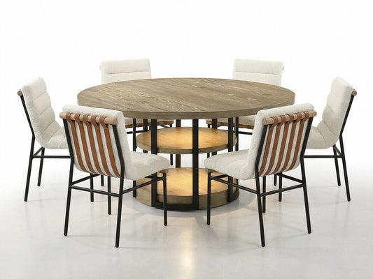 Eden 7 Pc Round Rustic Oak Dining Set LED Light