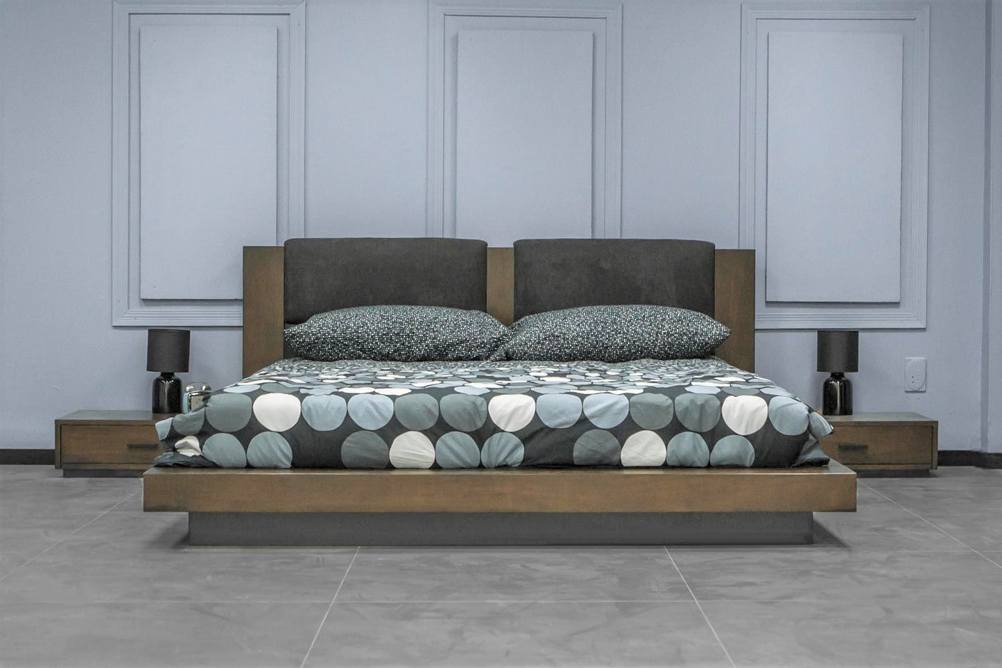 Nova Domus Fantasia - Dark Walnut/Dark Grey Bed & Two Nightstands