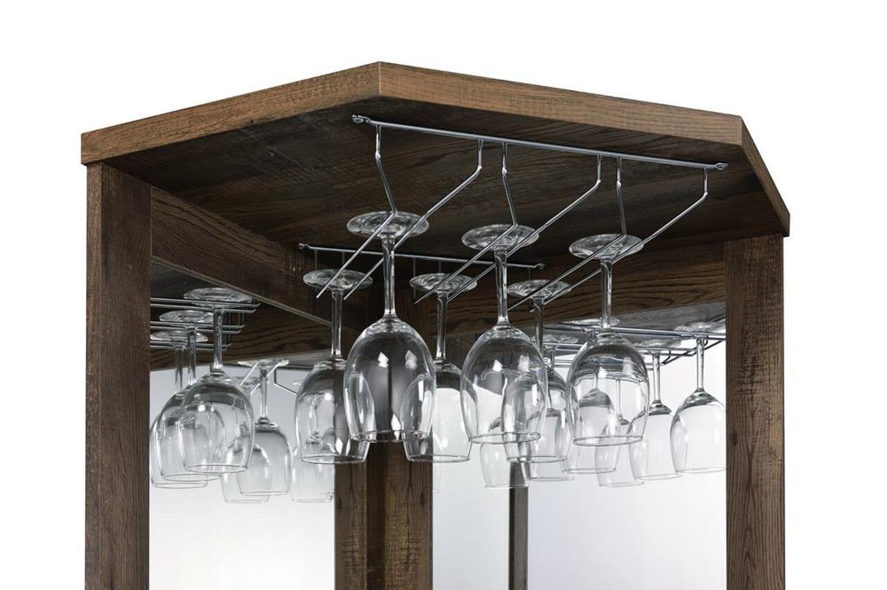 Mueble bar esquinero Alviso con estante para copas de roble rústico