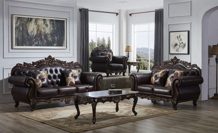 McFerran Home SF2268 Sofá y Loveseat - Cuero marrón oscuro