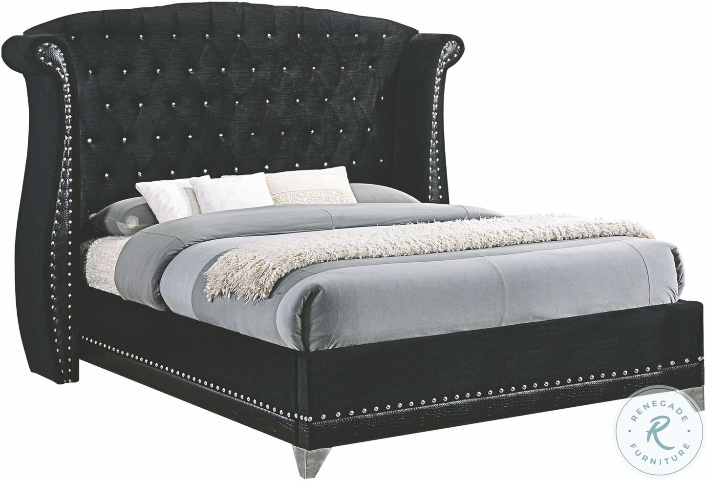 Barzini Black or White Velvet Bed - Nailhead Trim