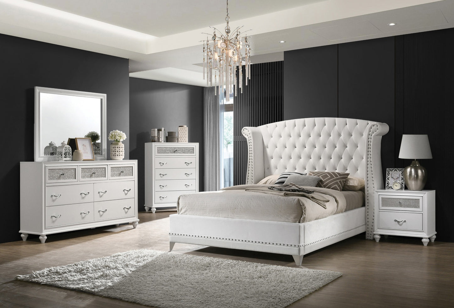 Barzini Black or White Velvet Bed - Nailhead Trim
