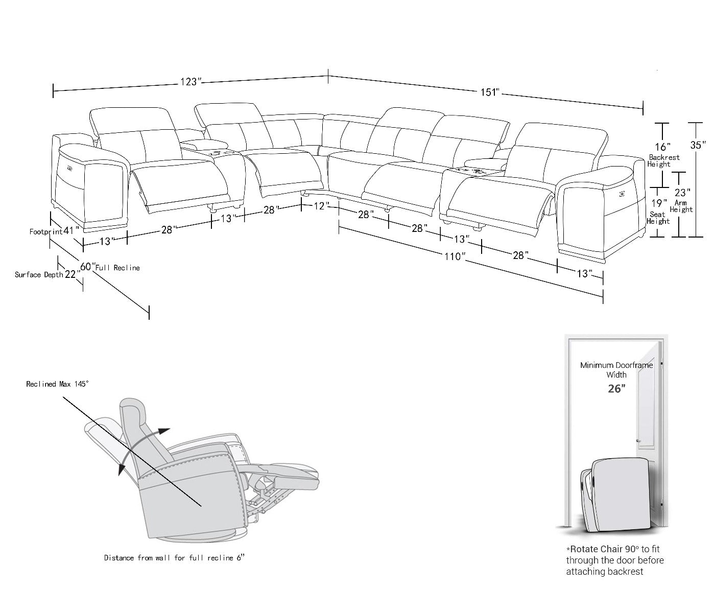 Global United 9762 Genoa 4-Power Reclining 8 Pc Sectional - 4 Colors