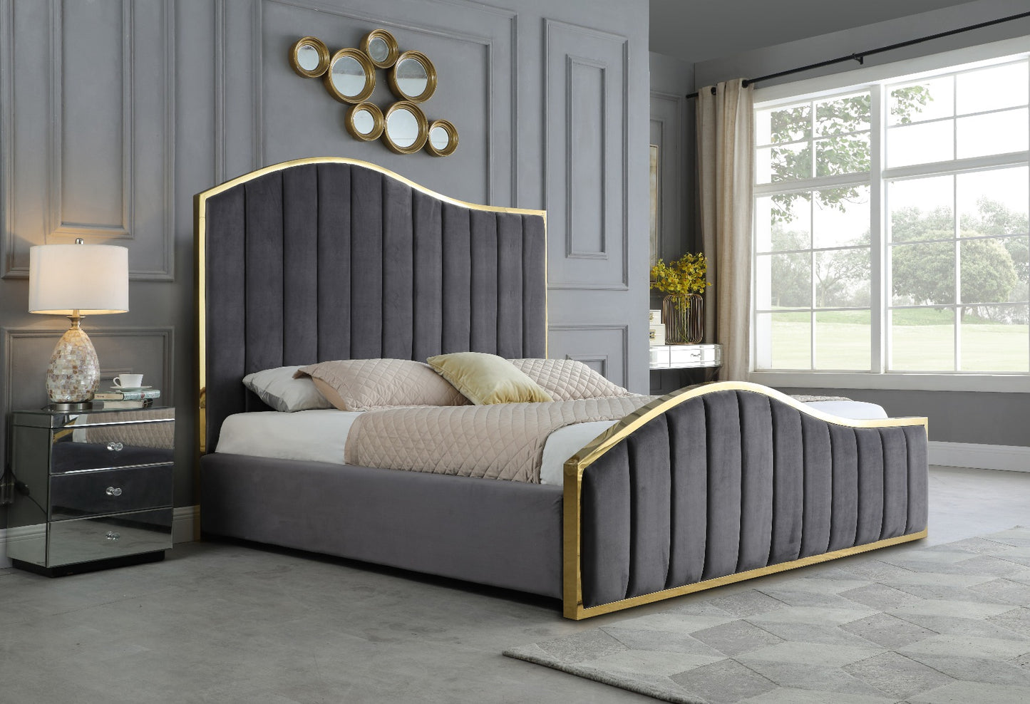 Tustin Platform Bed - Gold Accents - Gray or Beige