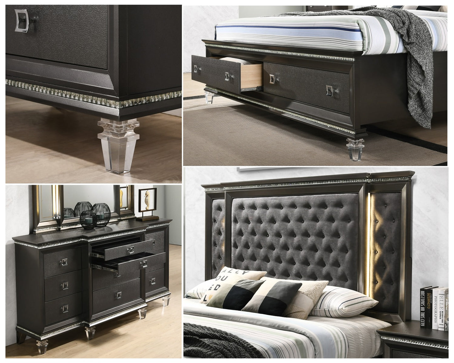 Colección de dormitorio Margaret de 4 piezas - Gris metalizado
