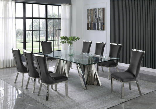 Colección de comedor Morgan Glam de 9 piezas - Acero inoxidable/vidrio