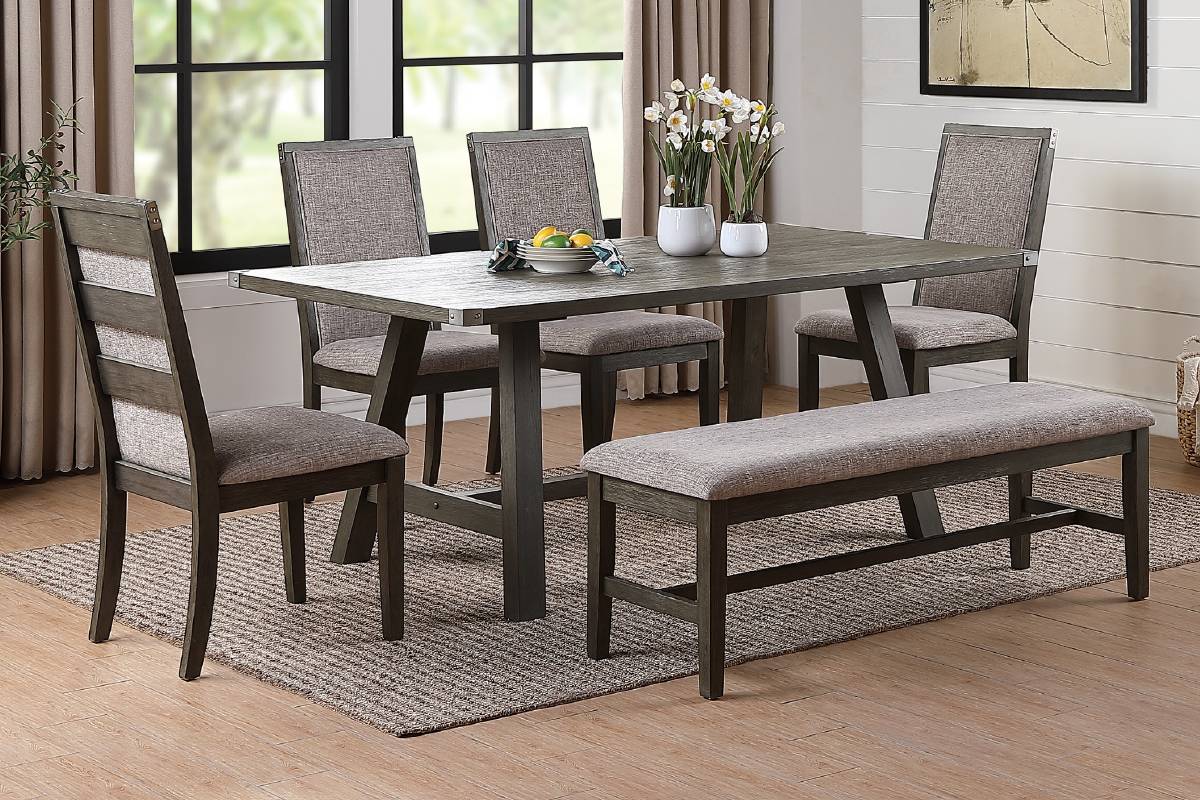 Poundex Furniture 6 Pc Dining Set F2494 Stressed Grey Finish Bradley Home Funishings
