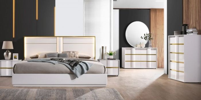 Havana 5 Pc Bedroom Set King Bed - White Lacquer Gold Trim - Best Master Bradley Home Funishings Havana 5 Pc Bedroom Set King Bed - White Lacquer Gold Trim - Best Master Bradley Home Funishings