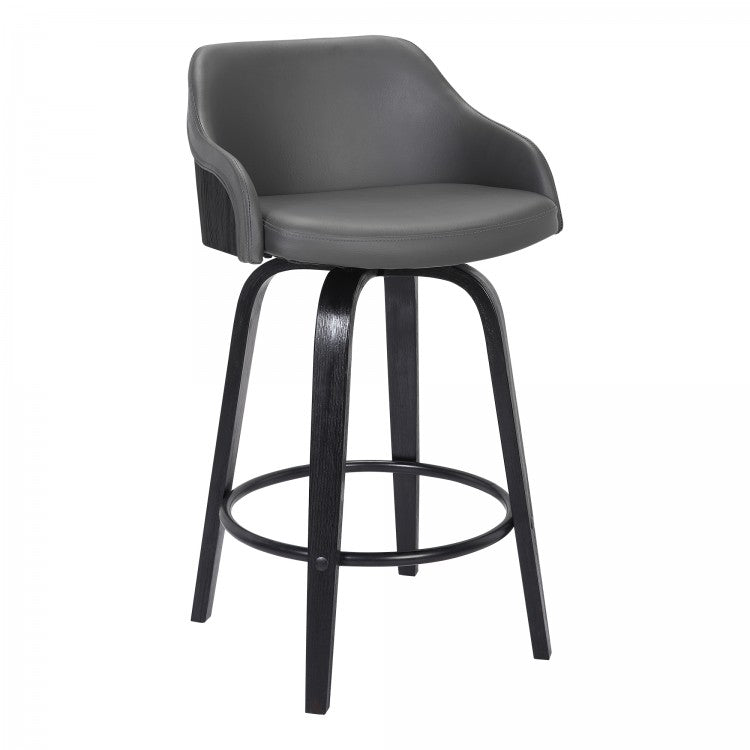 Taburete de bar giratorio Alec de piel sintética gris y madera negra