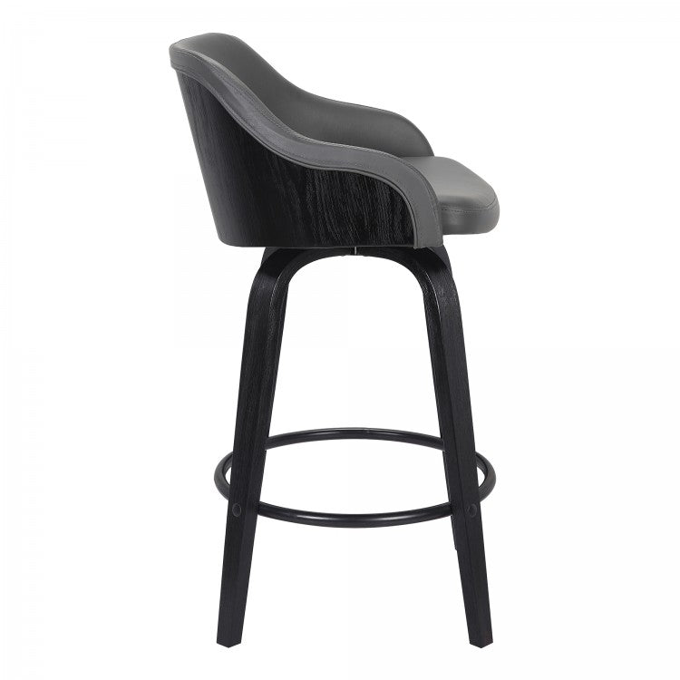 Taburete de bar giratorio Alec de piel sintética gris y madera negra