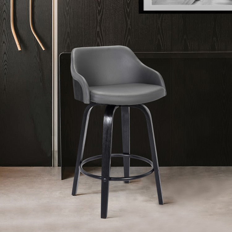 Taburete de bar giratorio Alec de piel sintética gris y madera negra