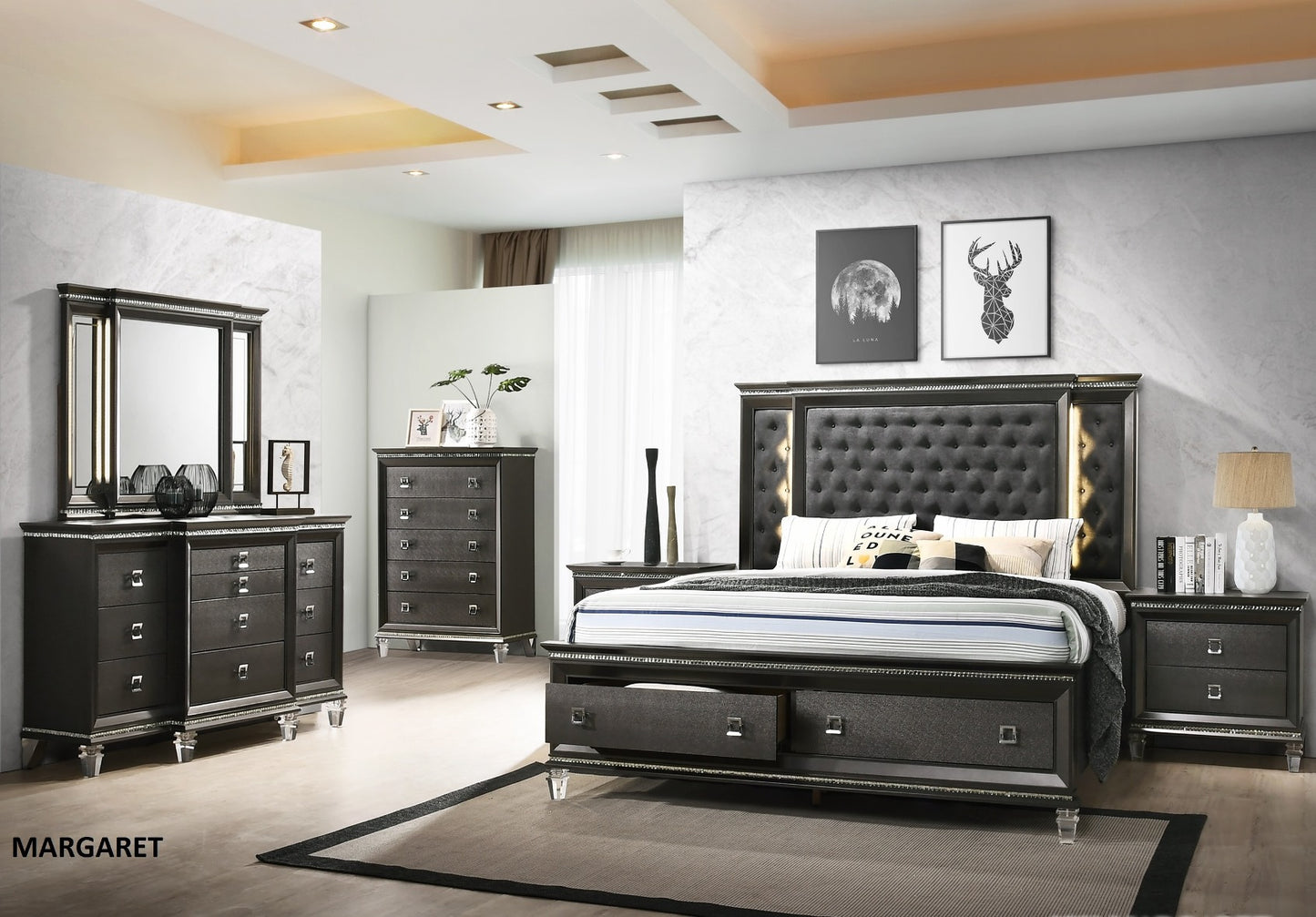 Colección de dormitorio Margaret de 4 piezas - Gris metalizado