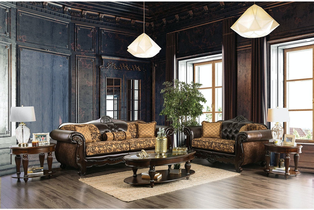 Furniture of America SM6417 Quirino Sofa Set Tan Chenille Dark Brown Leatherette Bradley Home Funishings
