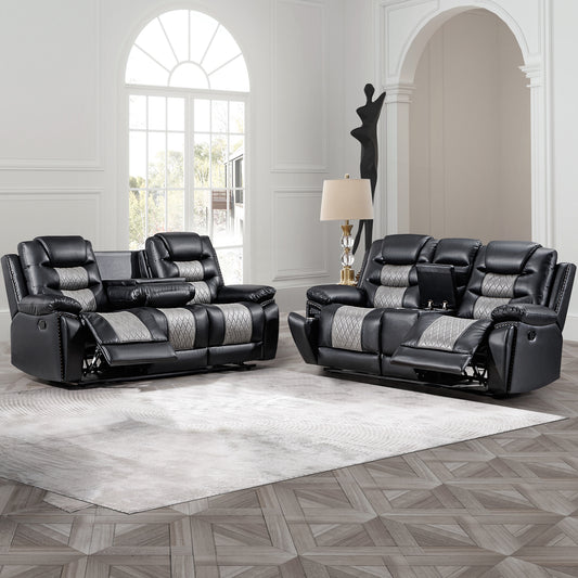 Nikko Black Gray Double Reclining 2 Pc Sofa Set