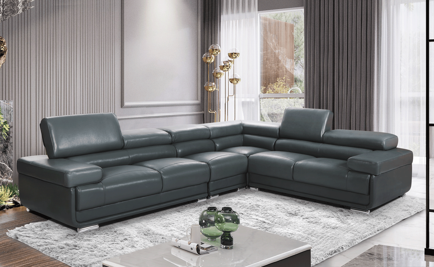 ESF 2119 Top Grain Leather Sectional - Gray