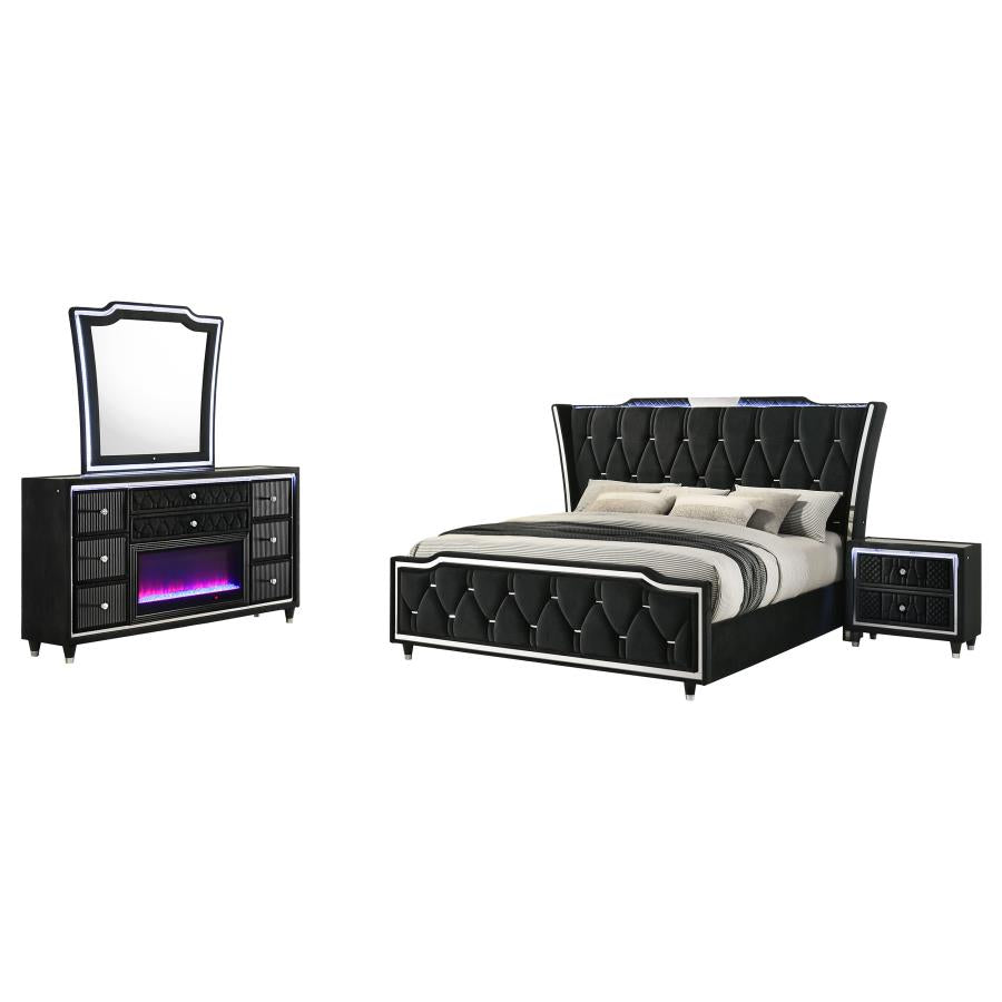 Lorient 4 Pc Black Velvet Bedroom Set w/Fireplace Dresser