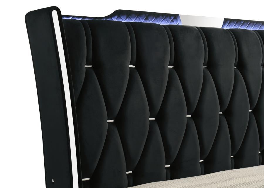 Lorient 4 Pc Black Velvet Bedroom Set w/Fireplace Dresser