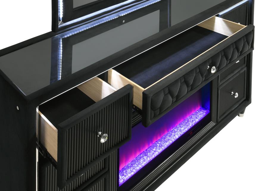 Lorient 4 Pc Black Velvet Bedroom Set w/Fireplace Dresser