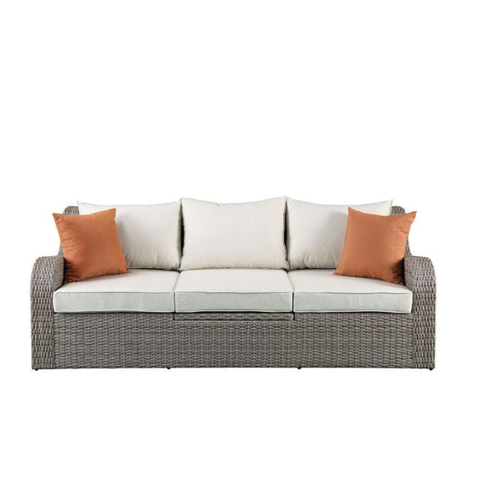 Salena 45010 Sofá de Patio y Otomana - Tela Beige + Mimbre Gris