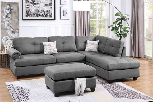 Poundex F6414 - 3pc Reversible Sectional Sofa Set w/Ottoman