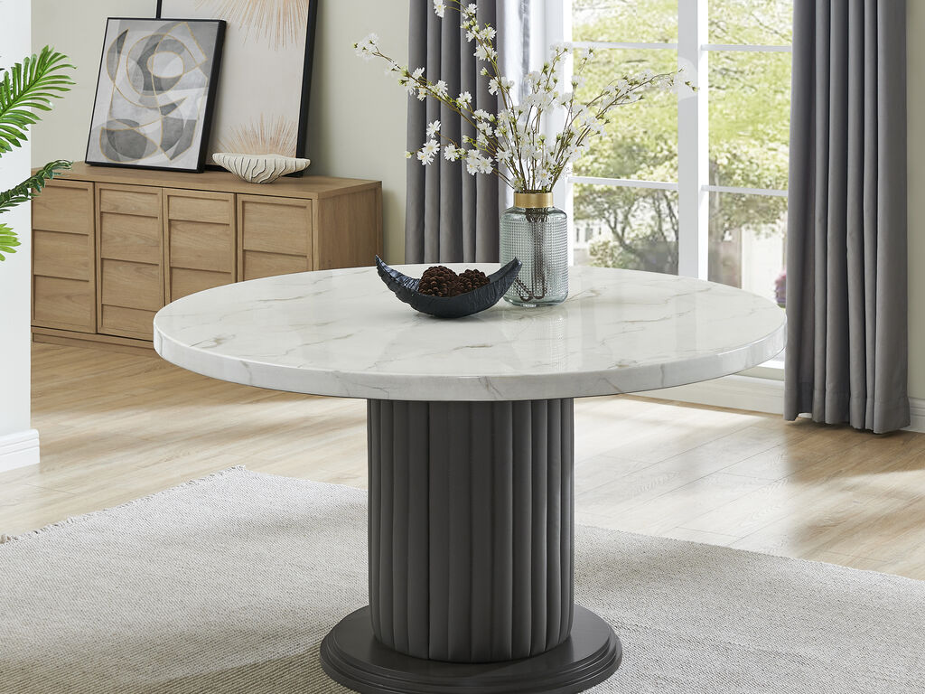 Valencia 7 Pc Round White Faux Marble Dining Set