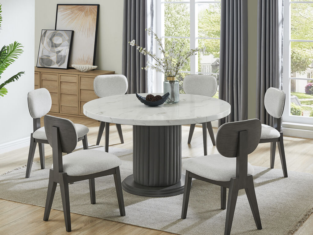 Valencia 7 Pc Round White Faux Marble Dining Set