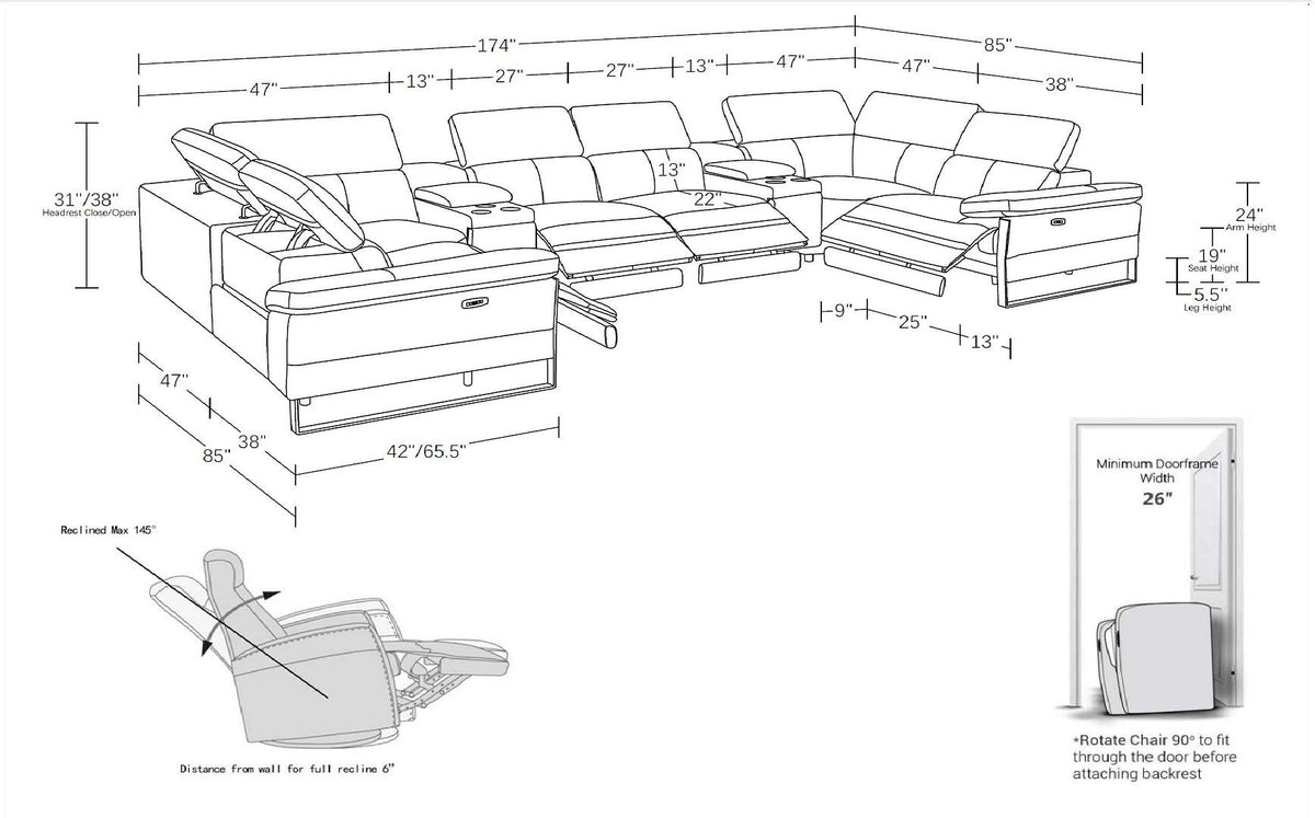 1246 DivanItalia 8 Pc U-Shaped Modular Power Sectional - 7 Colors