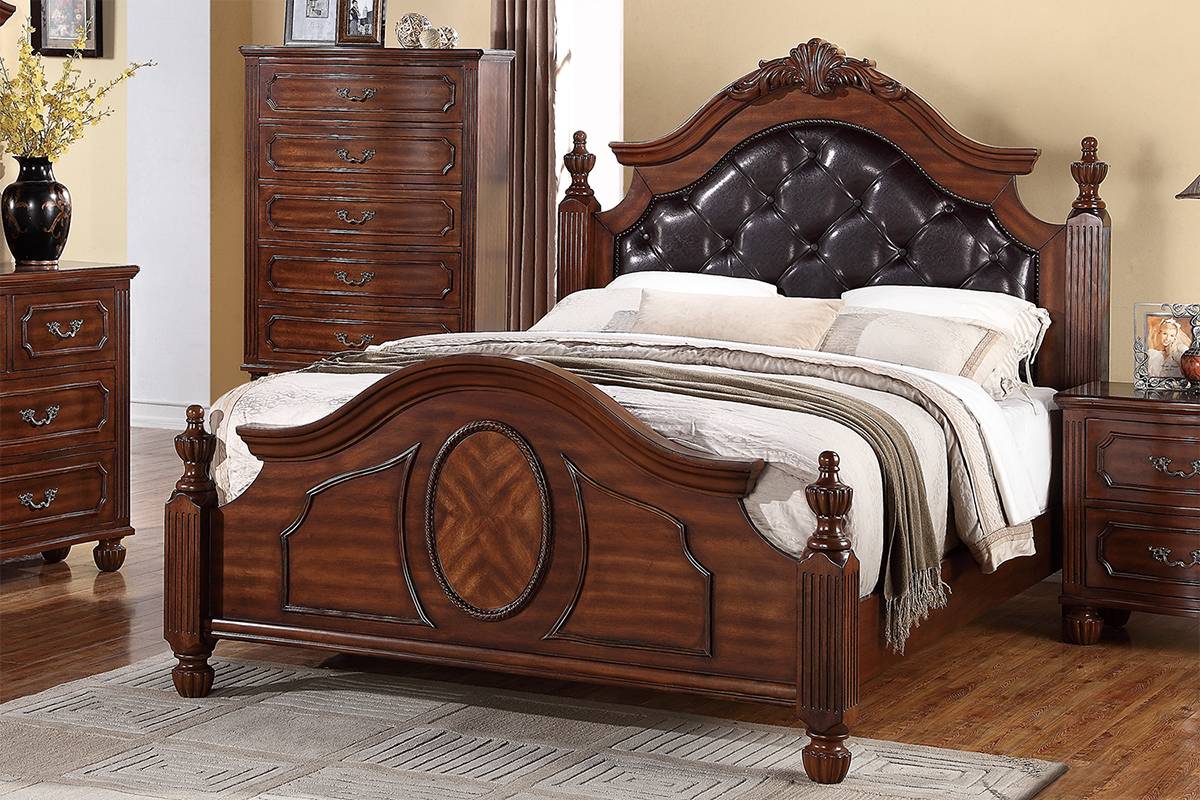 F9142 Poundex Four Post Bed - Faux Leather Headboard