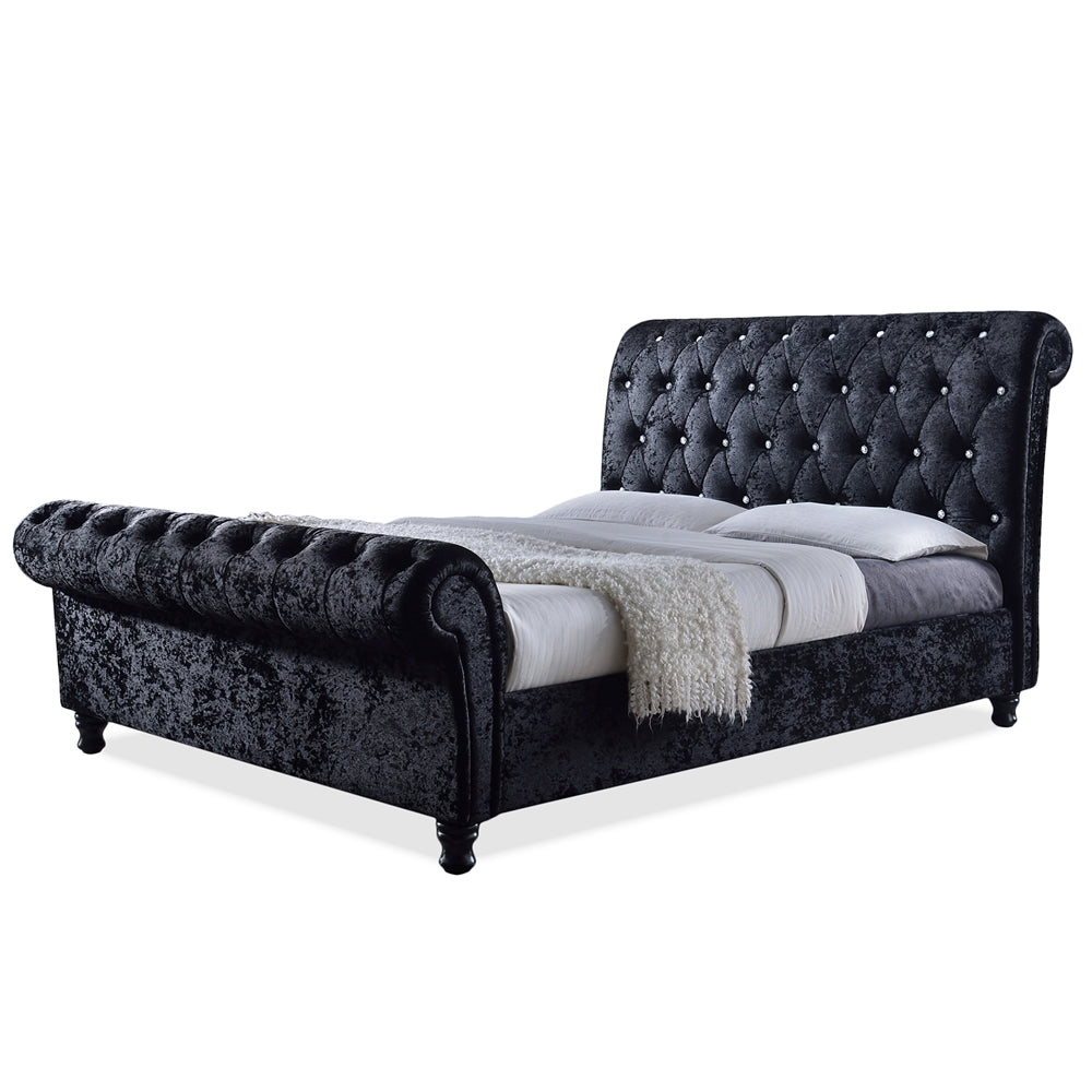 Baxton Studio Castello Black Velvet Upholstered Faux Crystal-Buttoned Sleigh Bed