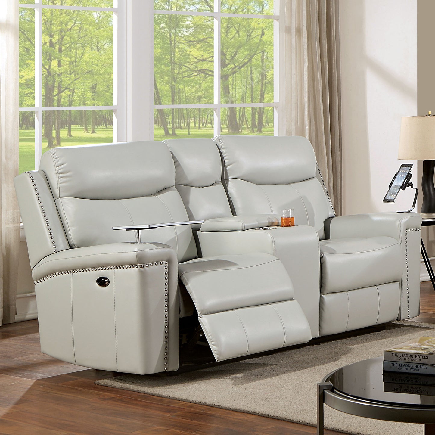 Florine Power Sofa Light Gray Leatherette
