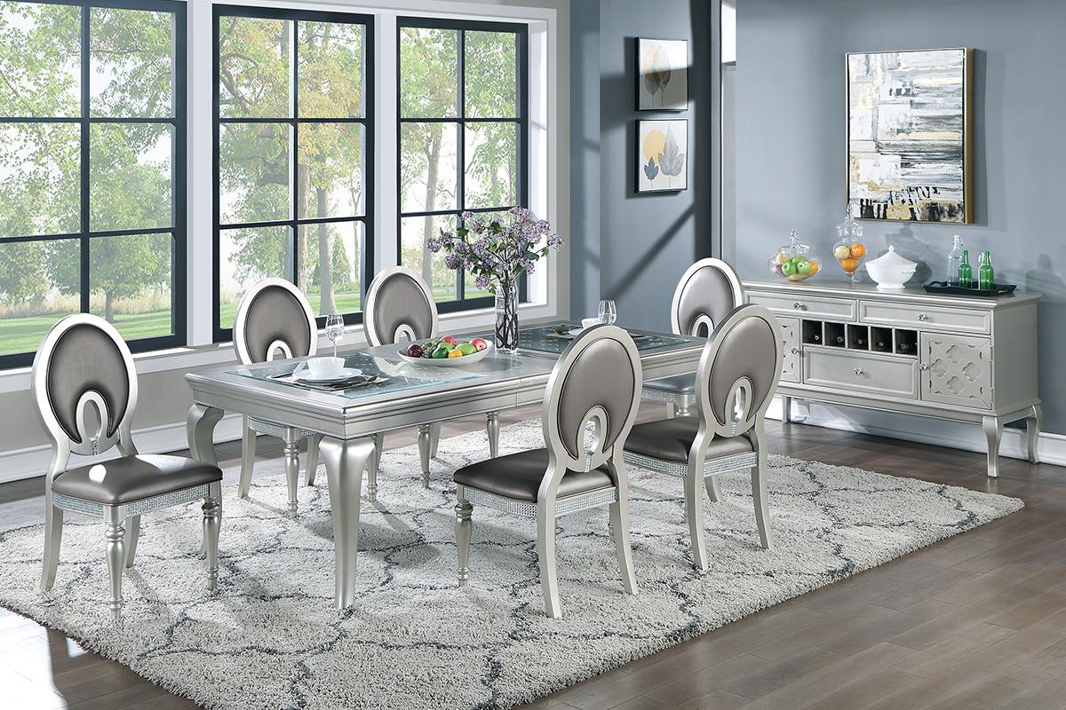 Poundex F2151 Juego de comedor de 7 piezas con acabado plateado