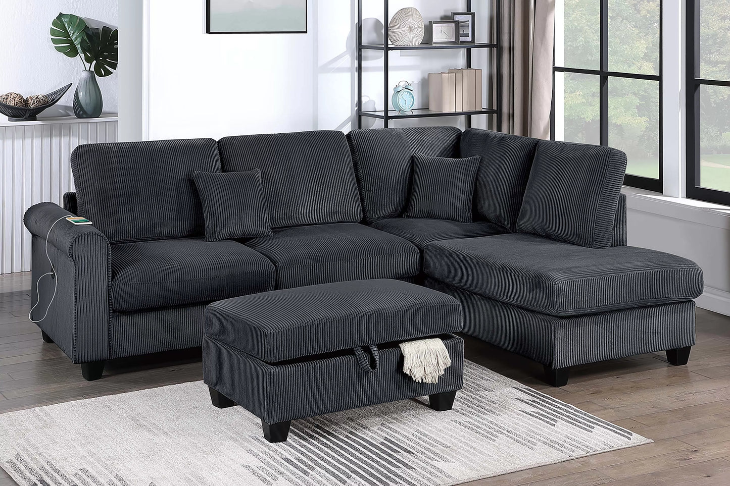 F8300 Corduroy 3 Pc Sectional Black
