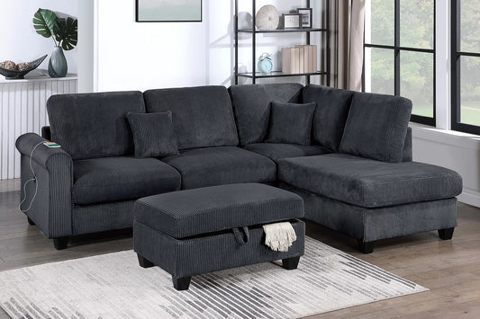 F8300 Corduroy 3 Pc Sectional Black
