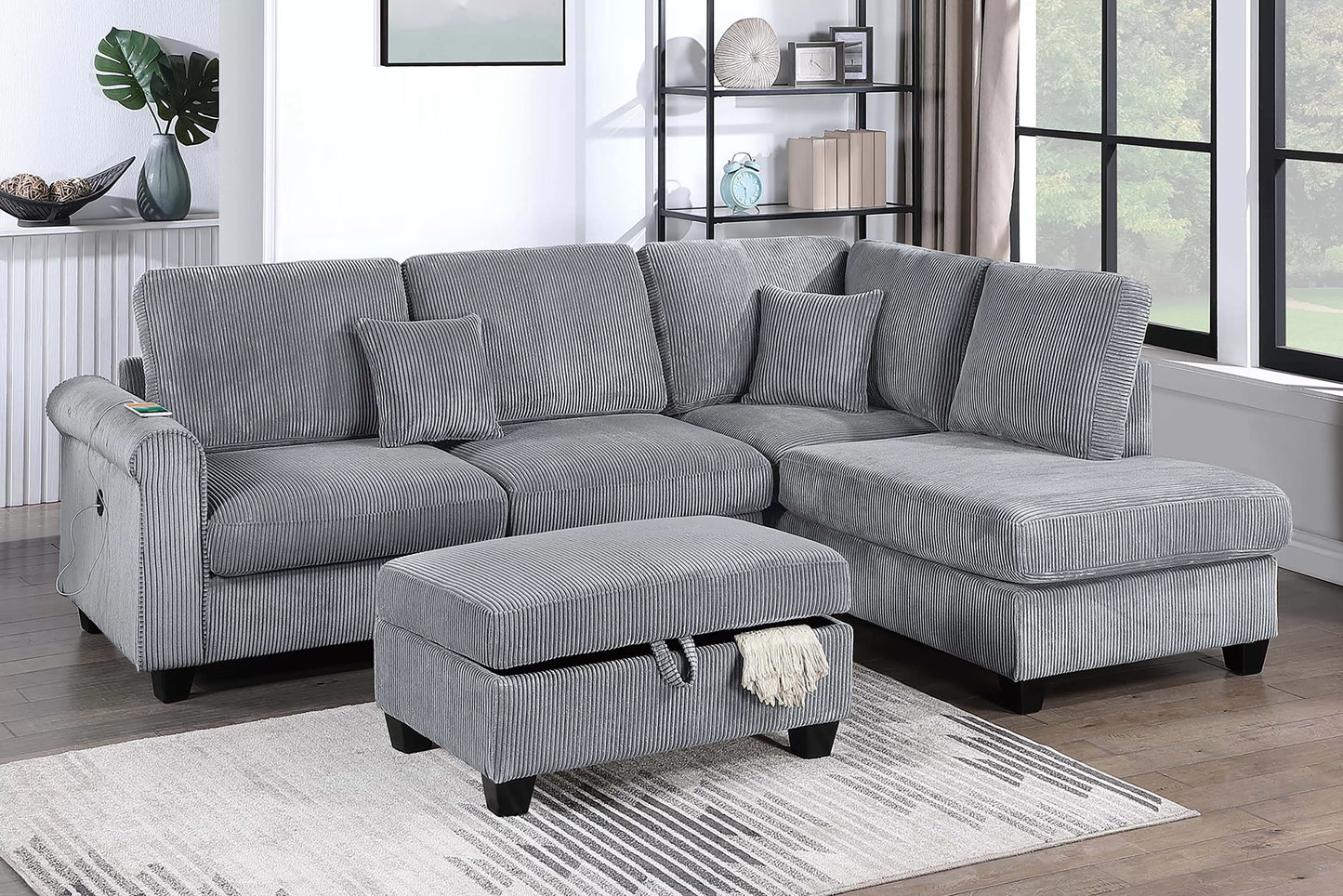 F8301 Corduroy 3 Pc Sectional Fog