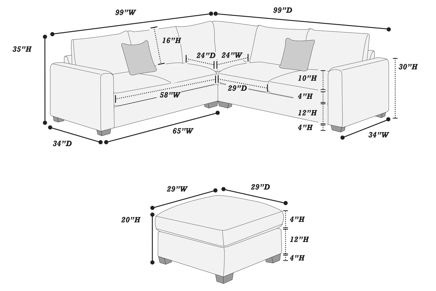 Poundex F8302 Corduroy 4 Pc Sectional