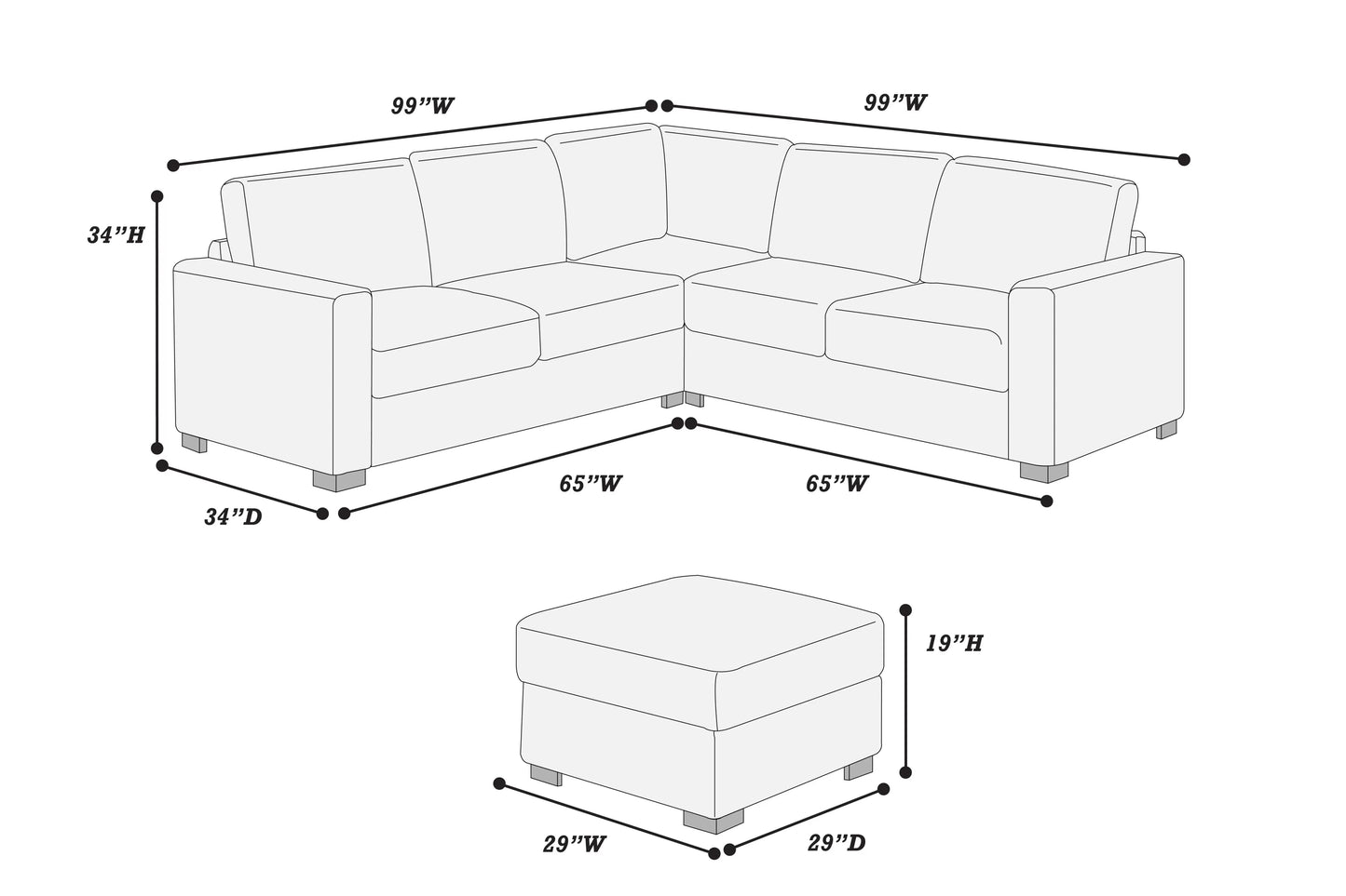 Poundex F8353 Black Jumbo Corduroy Sectional