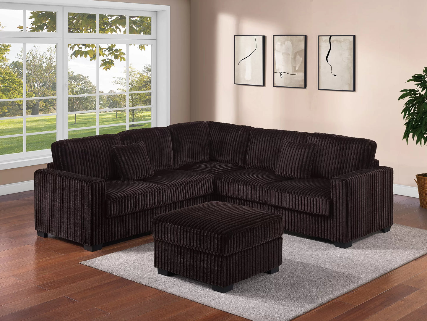 Poundex F8354 Coffee Jumbo Corduroy Sectional