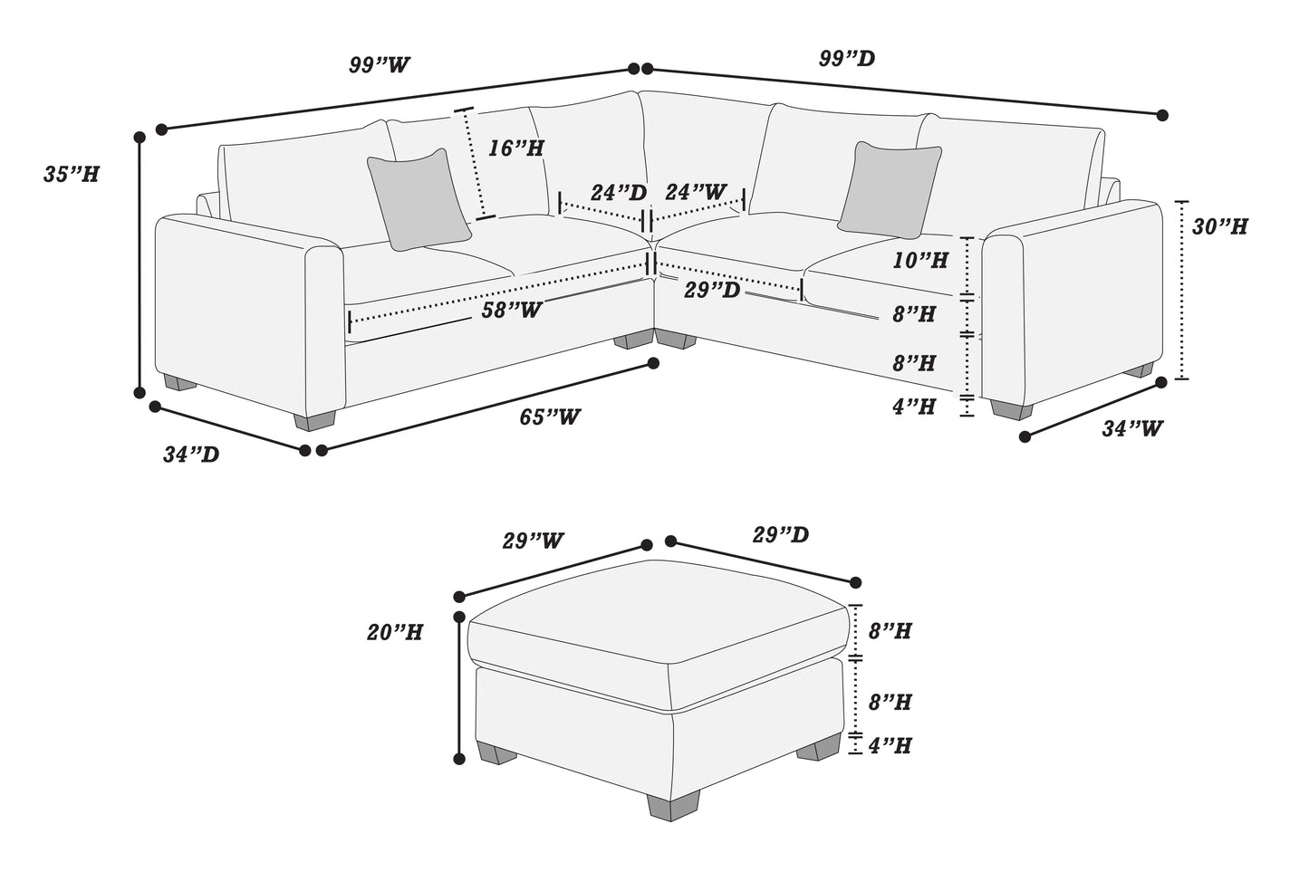 F8891 Poundex 4 Pc Sectional Ivory Corduroy