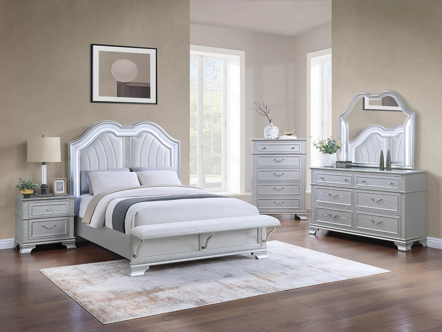 F9671 Gray 4 Pc Bedroom Set w/LED Headboard