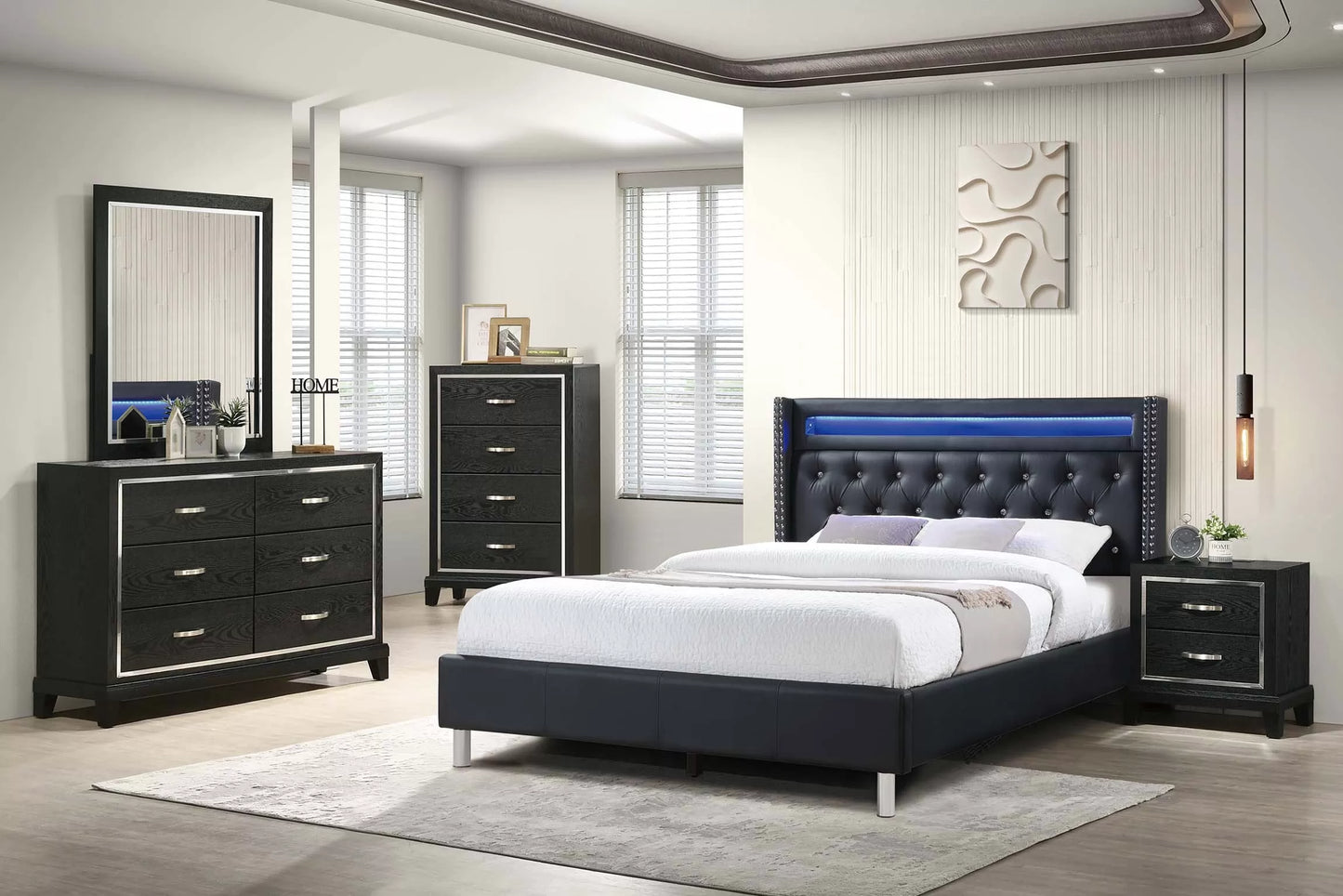 F9461 Black Faux Leather Queen 4 Pc Bedroom Set