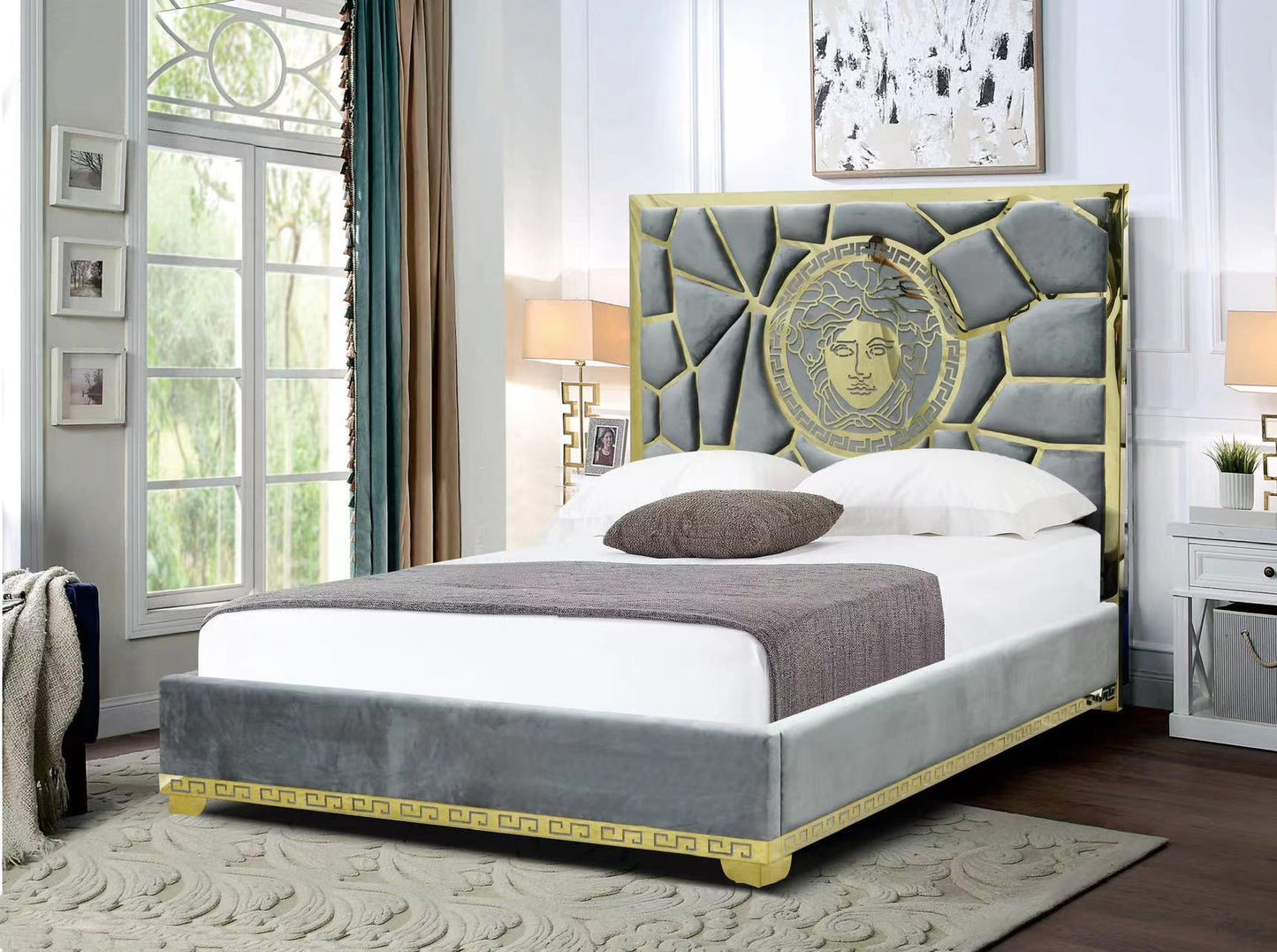 Manasa Velvet Upholstered Gray Bed