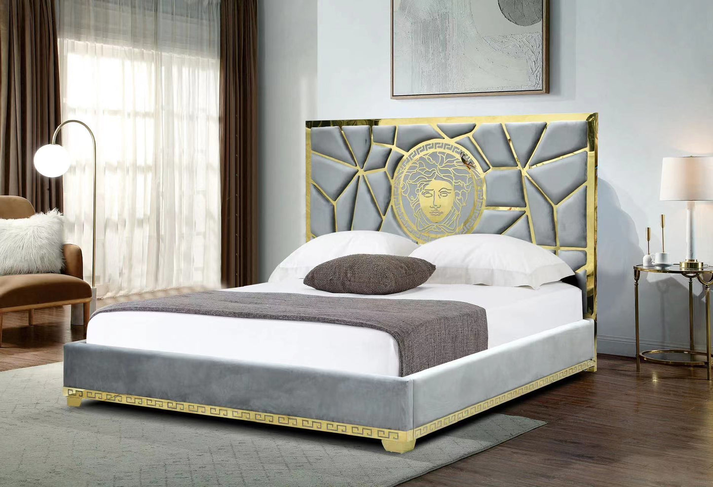 Manasa King Velvet Upholstered Gray Bed